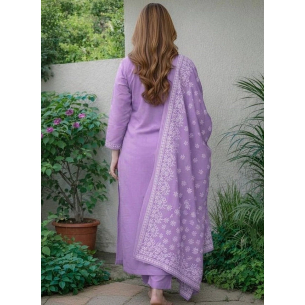 Generic Women's Chanderi Silk Ethnic Motif Round 3/4th Sleeve Kurti With Pant Dupatta Set (Lavender) - Image 3
