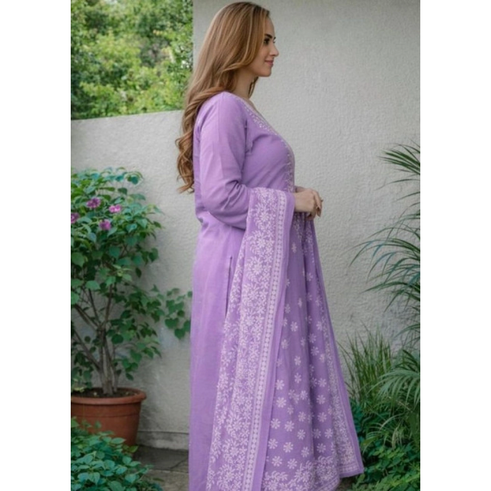 Generic Women's Chanderi Silk Ethnic Motif Round 3/4th Sleeve Kurti With Pant Dupatta Set (Lavender) - Image 4