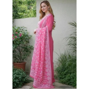 Generic Women's Chanderi Silk Ethnic Motif Round 3/4th Sleeve Kurti With Pant Dupatta Set (Pink)