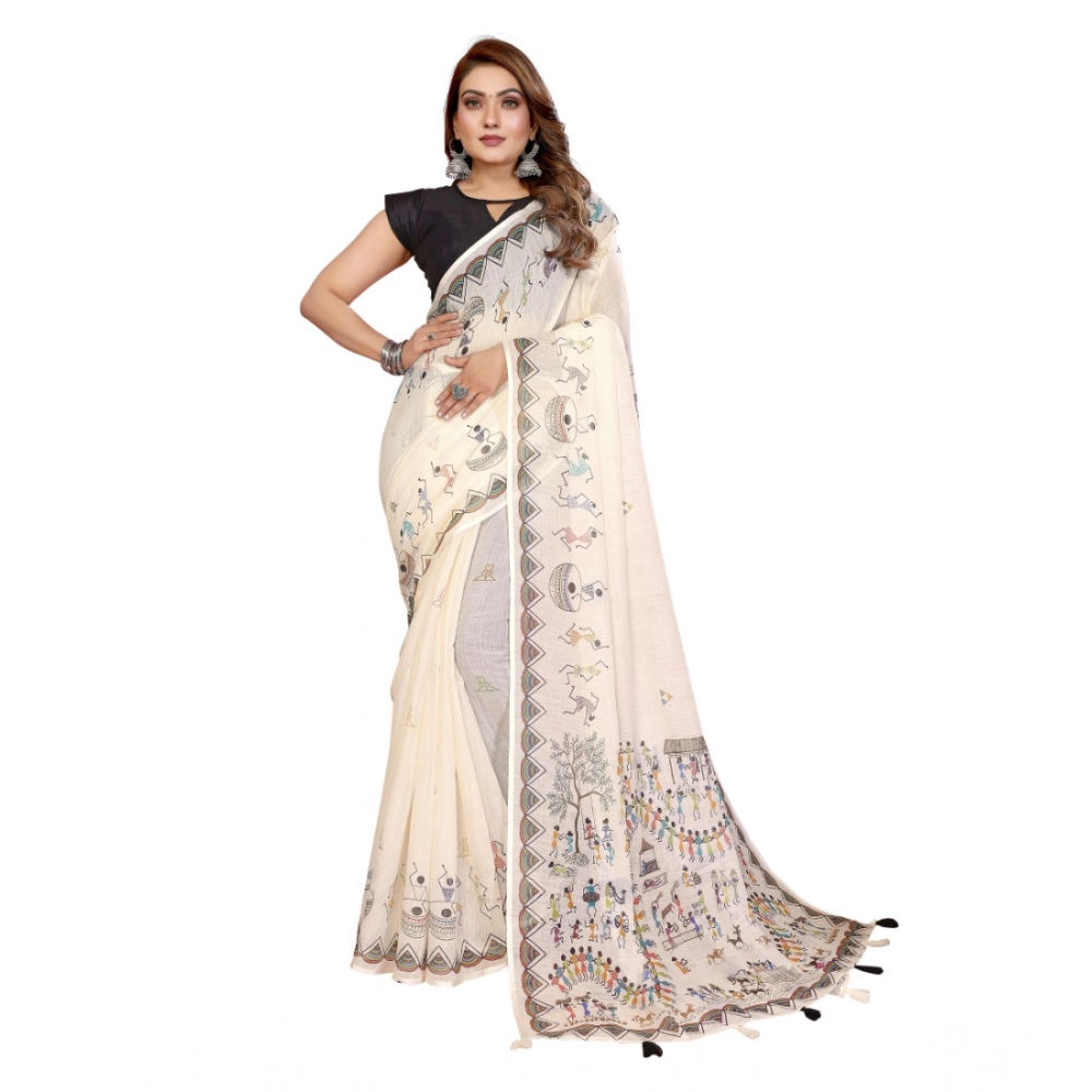 Generic Women's Linen Cotton Printed Saree With Unstitched Blouse 5.5Mtr (Off White) - Image 5