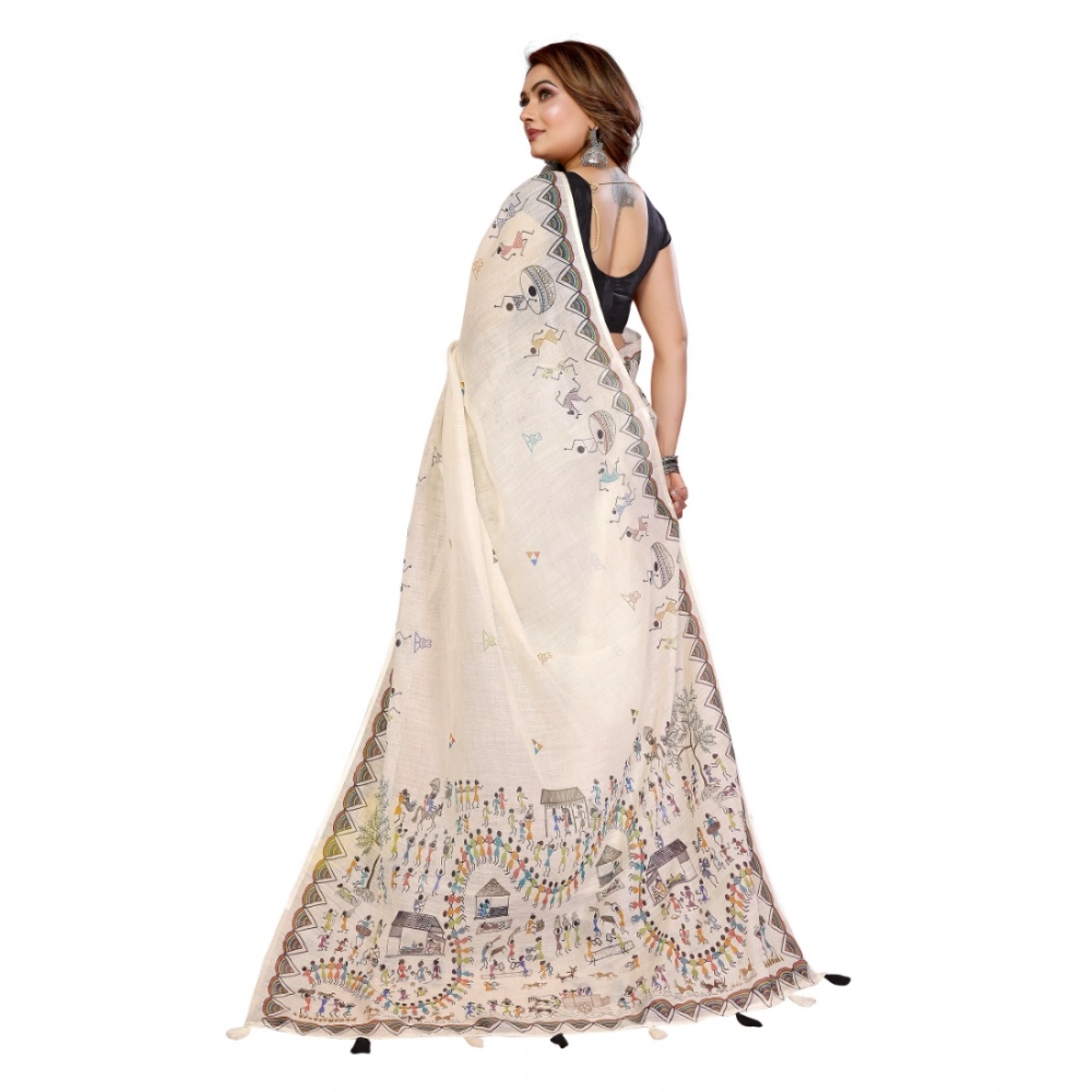 Generic Women's Linen Cotton Printed Saree With Unstitched Blouse 5.5Mtr (Off White) - Image 4