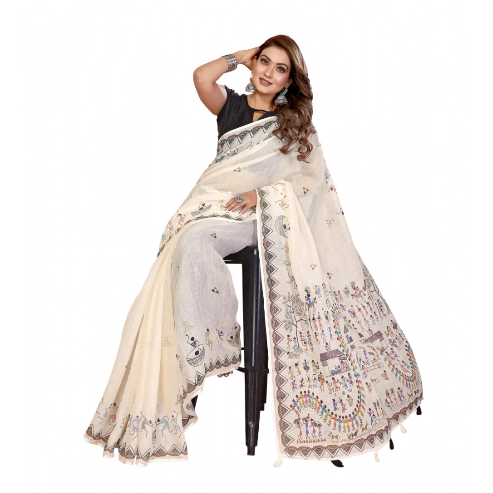 Generic Women's Linen Cotton Printed Saree With Unstitched Blouse 5.5Mtr (Off White) - Image 6