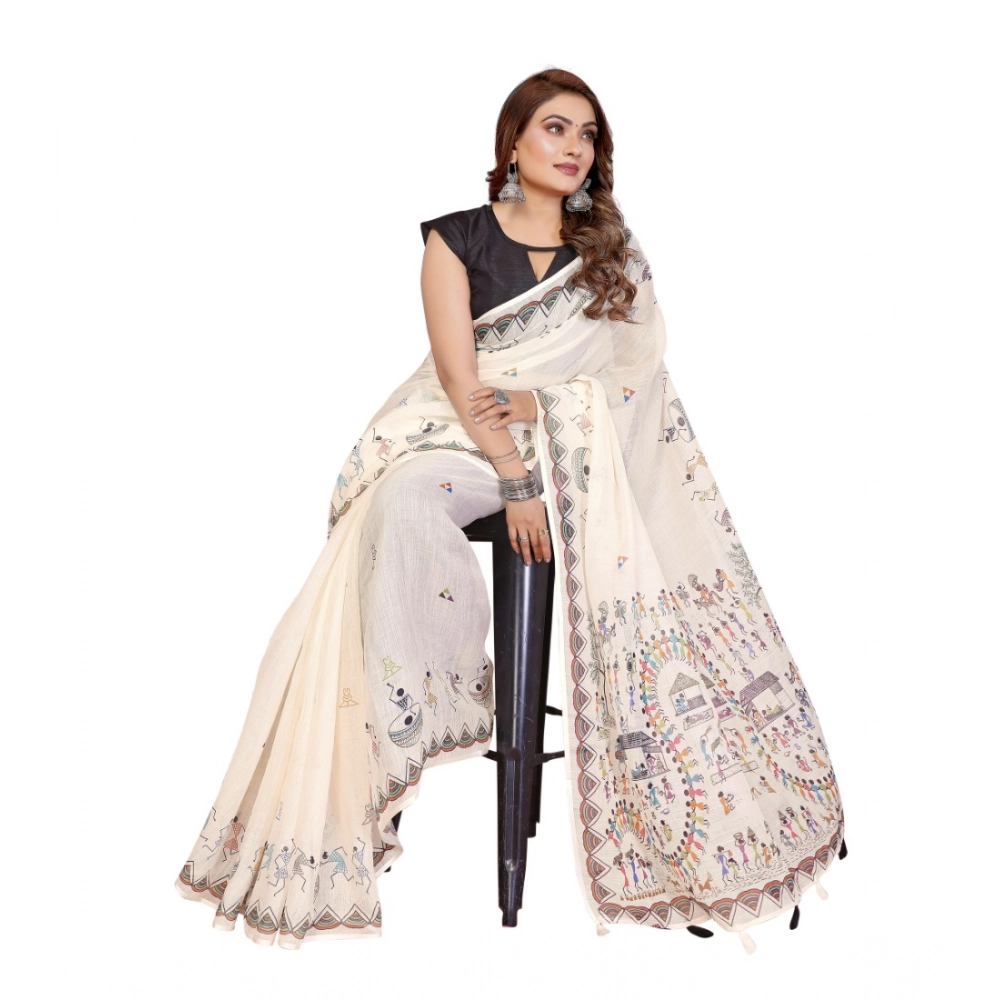Generic Women's Linen Cotton Printed Saree With Unstitched Blouse 5.5Mtr (Off White)