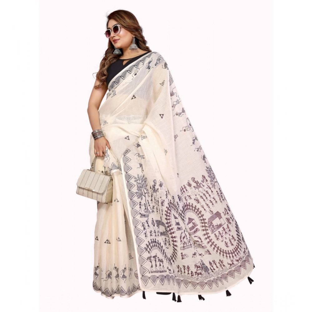 Generic Women's Linen Cotton Printed Saree With Unstitched Blouse 5.5Mtr (Off White)
