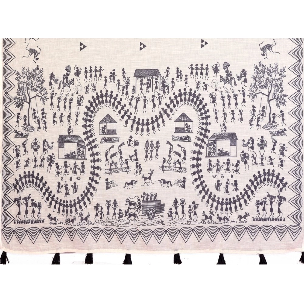 Generic Women's Linen Cotton Printed Saree With Unstitched Blouse 5.5Mtr (Off White) - Image 3