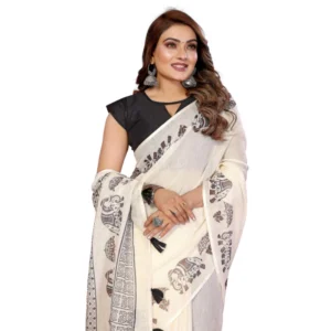 Generic Women's Linen Cotton Printed Saree With Unstitched Blouse 5.5Mtr (Off White)