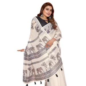 Generic Women's Linen Cotton Printed Saree With Unstitched Blouse 5.5Mtr (Off White)