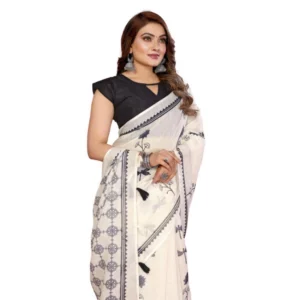 Generic Women's Linen Cotton Printed Saree With Unstitched Blouse 5.5Mtr (Off White)