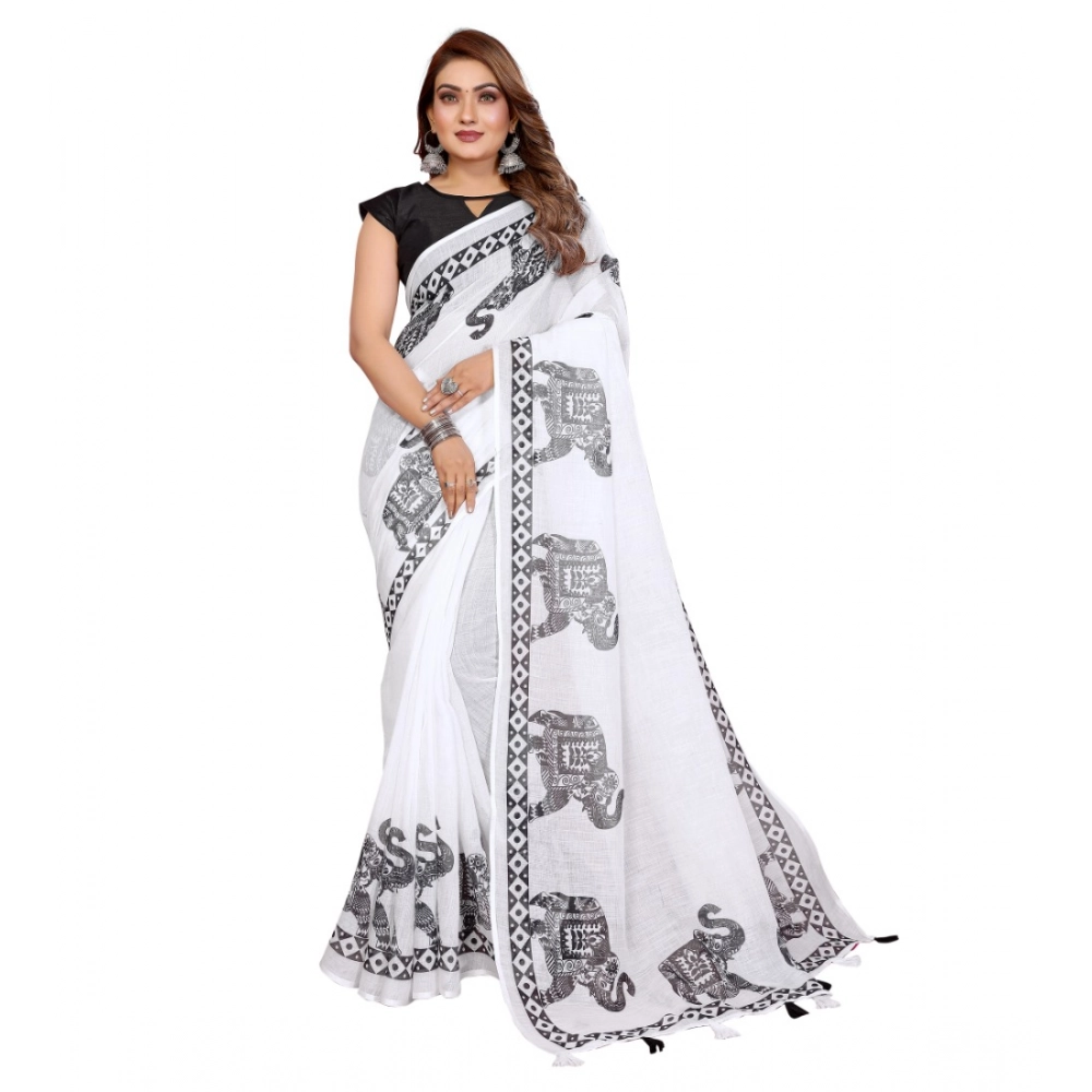 Generic Women's Linen Cotton Printed Saree With Unstitched Blouse 5.5Mtr (White) - Image 6