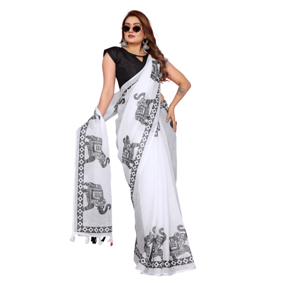 Generic Women's Linen Cotton Printed Saree With Unstitched Blouse 5.5Mtr (White) - Image 4