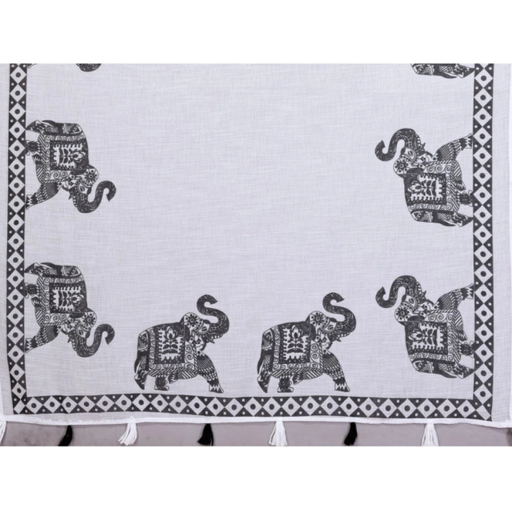 Generic Women's Linen Cotton Printed Saree With Unstitched Blouse 5.5Mtr (White) - Image 3
