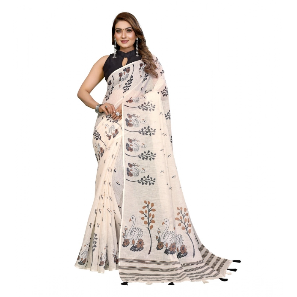 Generic Women's Linen Cotton Printed Saree With Unstitched Blouse 5.5Mtr (Off White) - Image 6