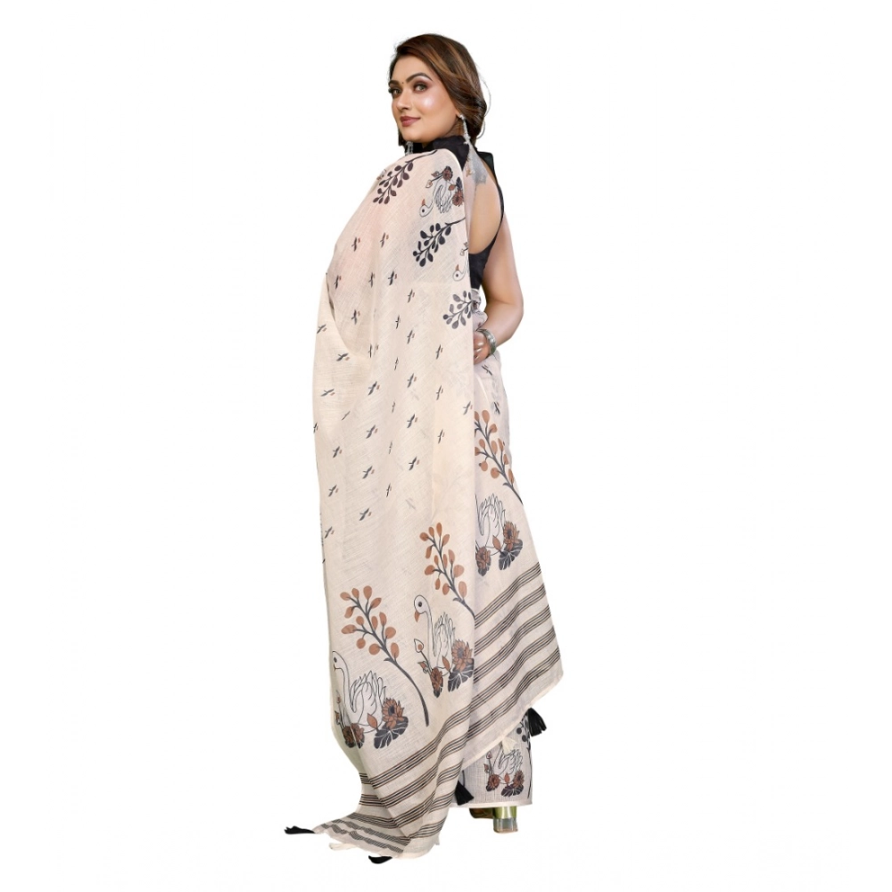 Generic Women's Linen Cotton Printed Saree With Unstitched Blouse 5.5Mtr (Off White) - Image 5