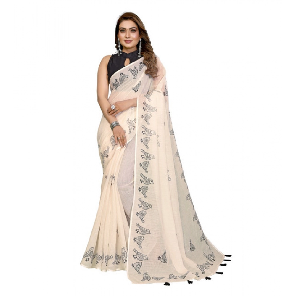 Generic Women's Linen Cotton Printed Saree With Unstitched Blouse 5.5Mtr (Off White) - Image 2