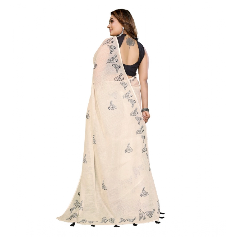 Generic Women's Linen Cotton Printed Saree With Unstitched Blouse 5.5Mtr (Off White) - Image 6