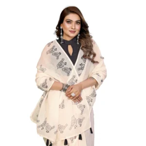 Generic Women's Linen Cotton Printed Saree With Unstitched Blouse 5.5Mtr (Off White)