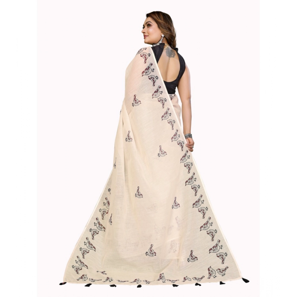 Generic Women's Linen Cotton Printed Saree With Unstitched Blouse 5.5Mtr (Off White) - Image 6