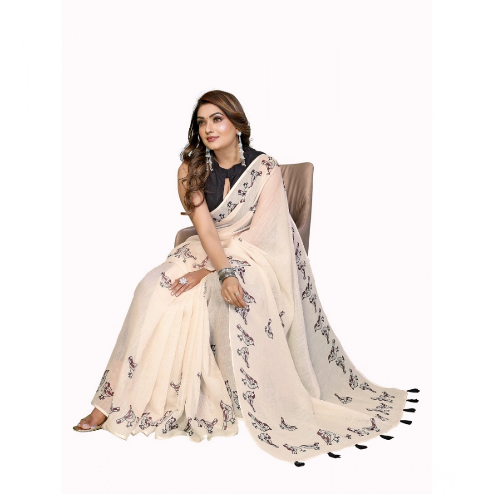 Generic Women's Linen Cotton Printed Saree With Unstitched Blouse 5.5Mtr (Off White) - Image 2