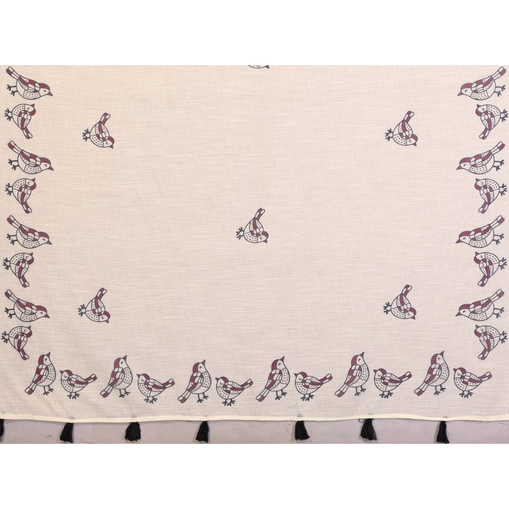 Generic Women's Linen Cotton Printed Saree With Unstitched Blouse 5.5Mtr (Off White) - Image 4
