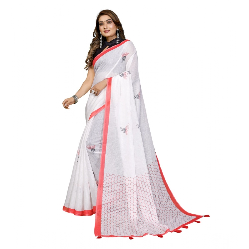 Generic Women's Linen Cotton Printed Saree With Unstitched Blouse 5.5Mtr (White) - Image 2
