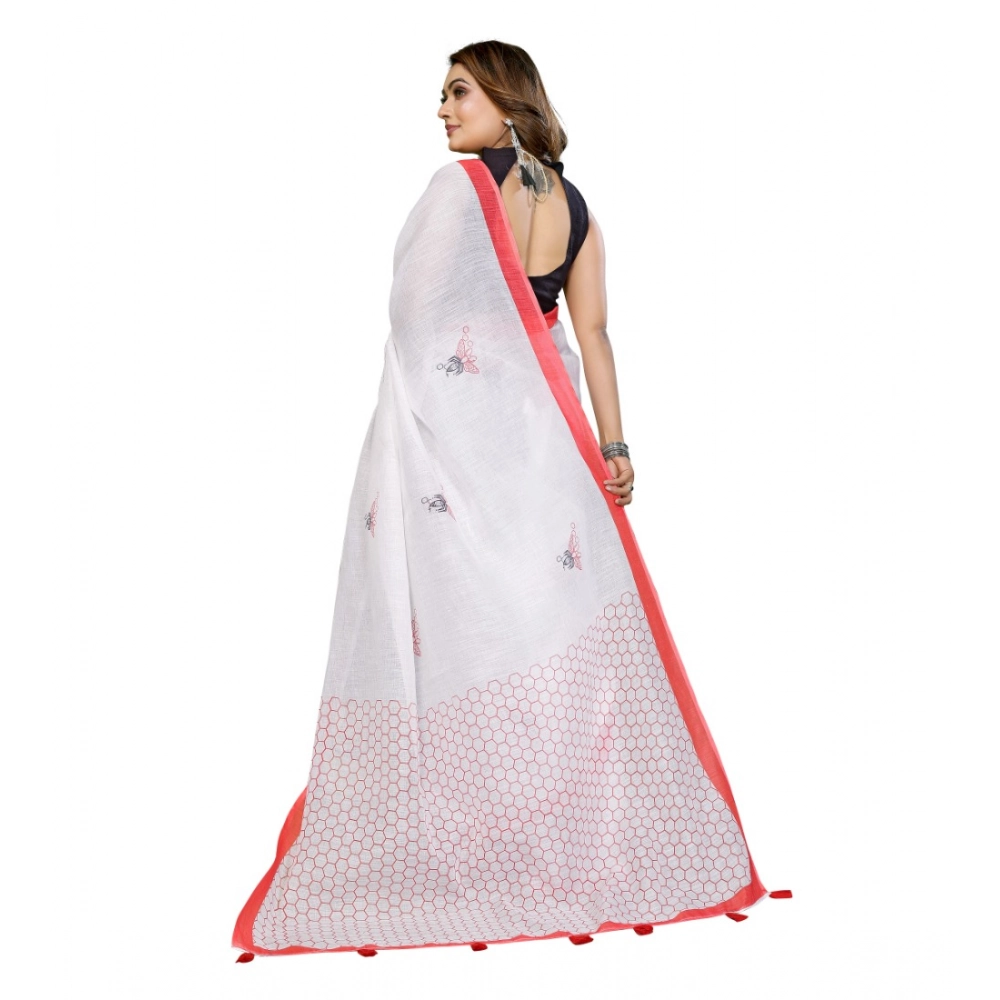 Generic Women's Linen Cotton Printed Saree With Unstitched Blouse 5.5Mtr (White) - Image 6