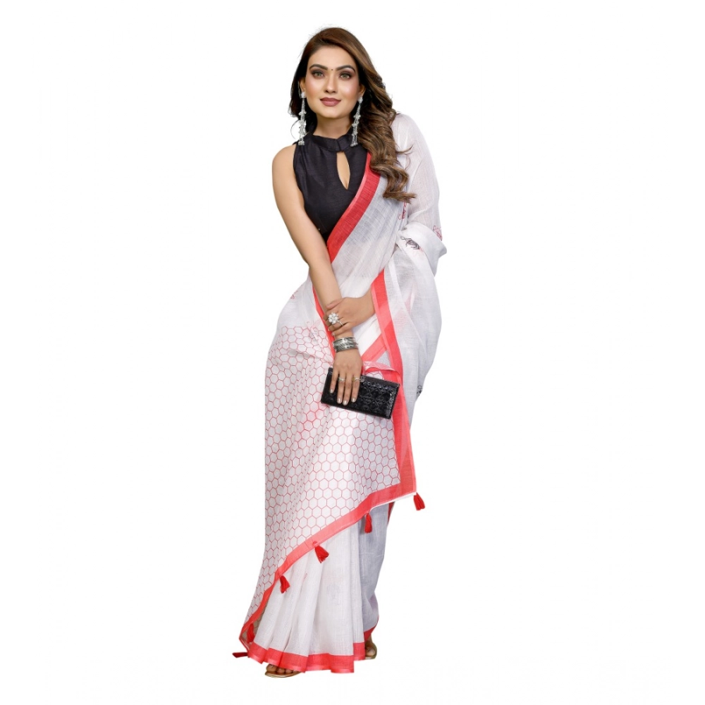 Generic Women's Linen Cotton Printed Saree With Unstitched Blouse 5.5Mtr (White) - Image 3