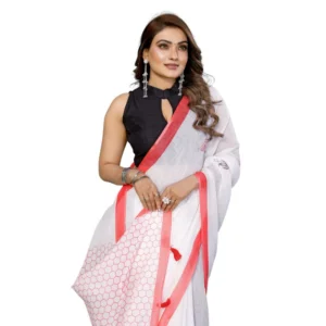 Generic Women's Linen Cotton Printed Saree With Unstitched Blouse 5.5Mtr (White)