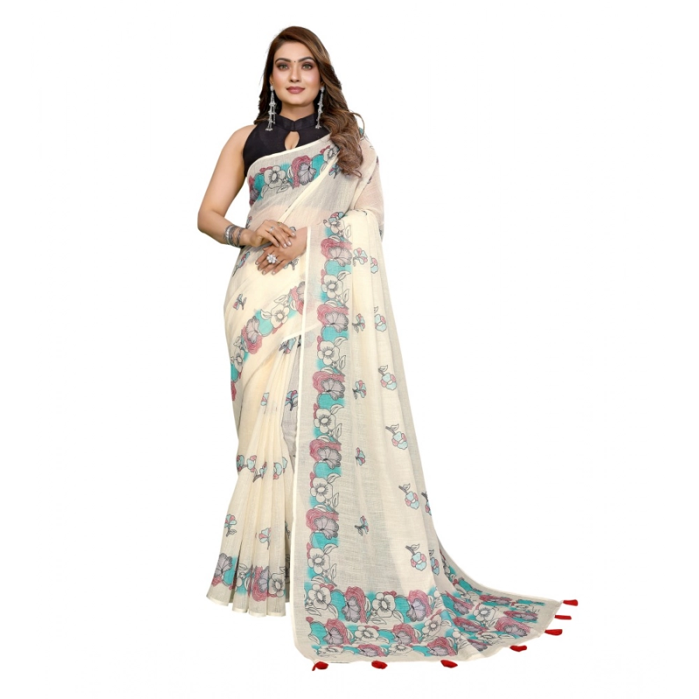 Generic Women's Linen Cotton Printed Saree With Unstitched Blouse 5.5Mtr (Off White) - Image 2
