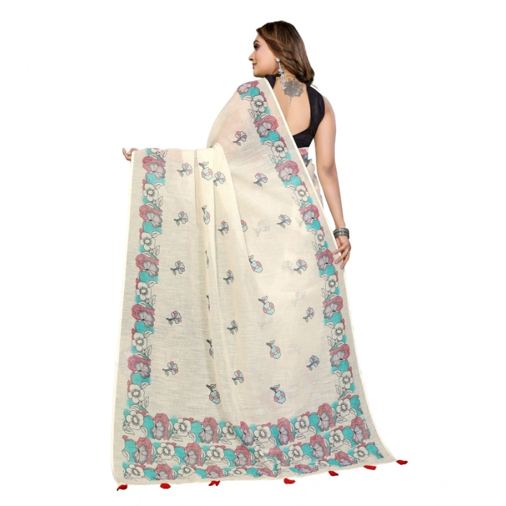 Generic Women's Linen Cotton Printed Saree With Unstitched Blouse 5.5Mtr (Off White) - Image 3