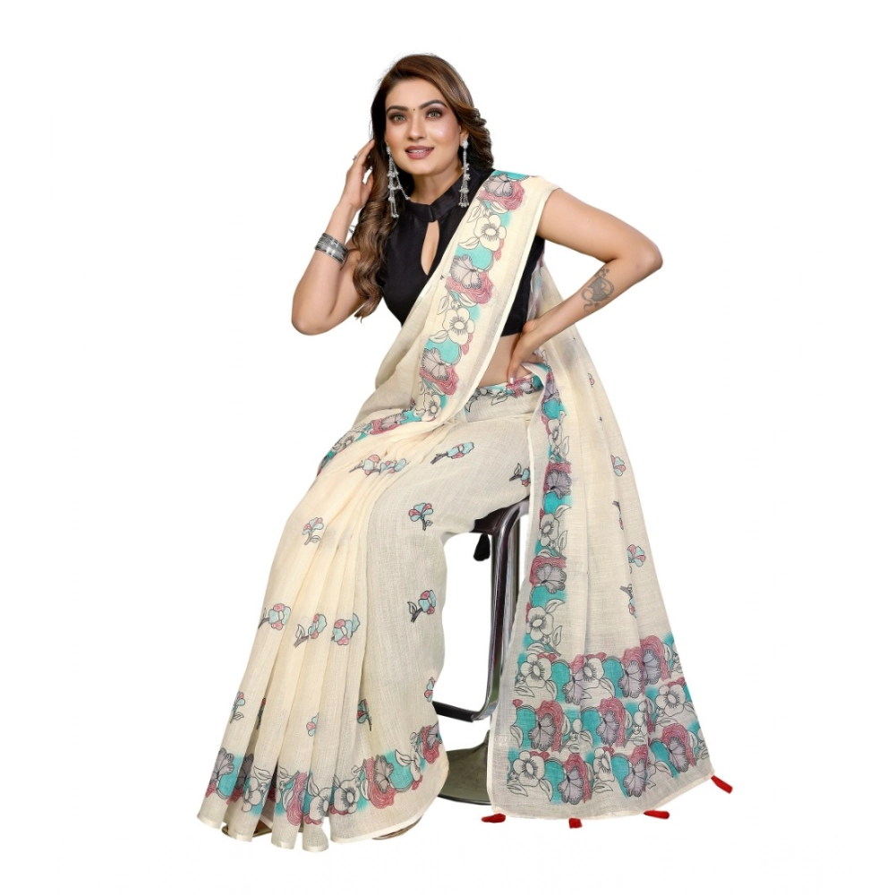 Generic Women's Linen Cotton Printed Saree With Unstitched Blouse 5.5Mtr (Off White) - Image 4