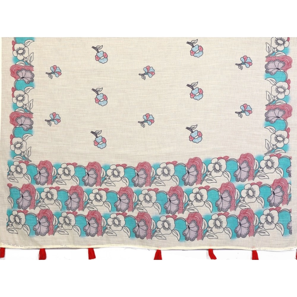 Generic Women's Linen Cotton Printed Saree With Unstitched Blouse 5.5Mtr (Off White) - Image 6