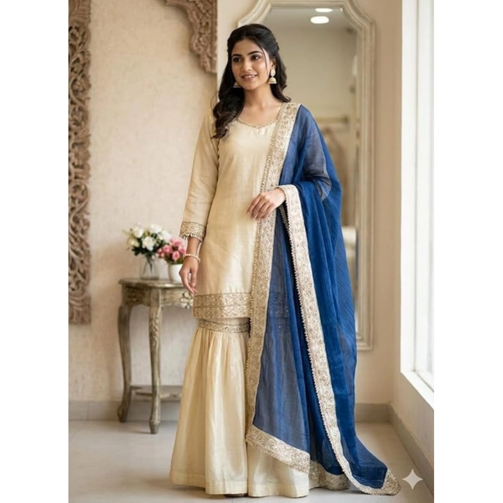 Generic Women's Silk Embroidered 3/4th Sleeve V-Neck Kurti With Sharara Pant and Dupatta Set (Cream & Blue)