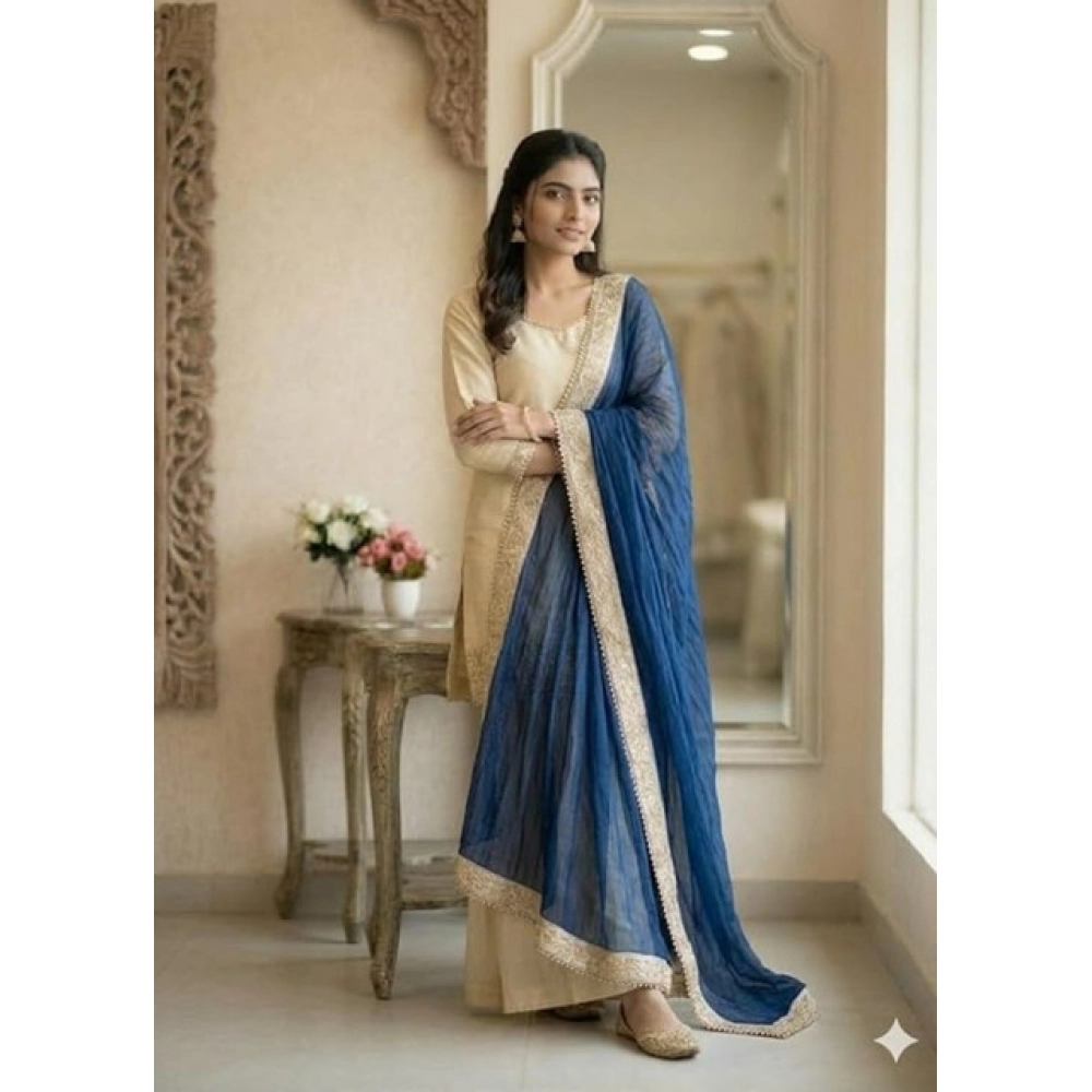 Generic Women's Silk Embroidered 3/4th Sleeve V-Neck Kurti With Sharara Pant and Dupatta Set (Cream & Blue) - Image 6