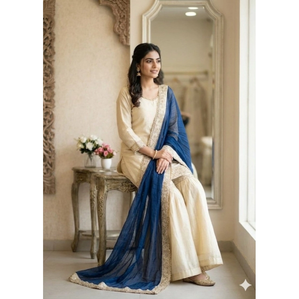 Generic Women's Silk Embroidered 3/4th Sleeve V-Neck Kurti With Sharara Pant and Dupatta Set (Cream & Blue) - Image 5