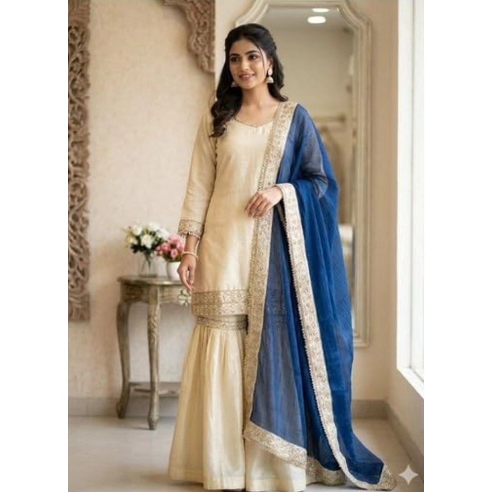 Generic Women's Silk Embroidered 3/4th Sleeve V-Neck Kurti With Sharara Pant and Dupatta Set (Cream & Blue) - Image 3