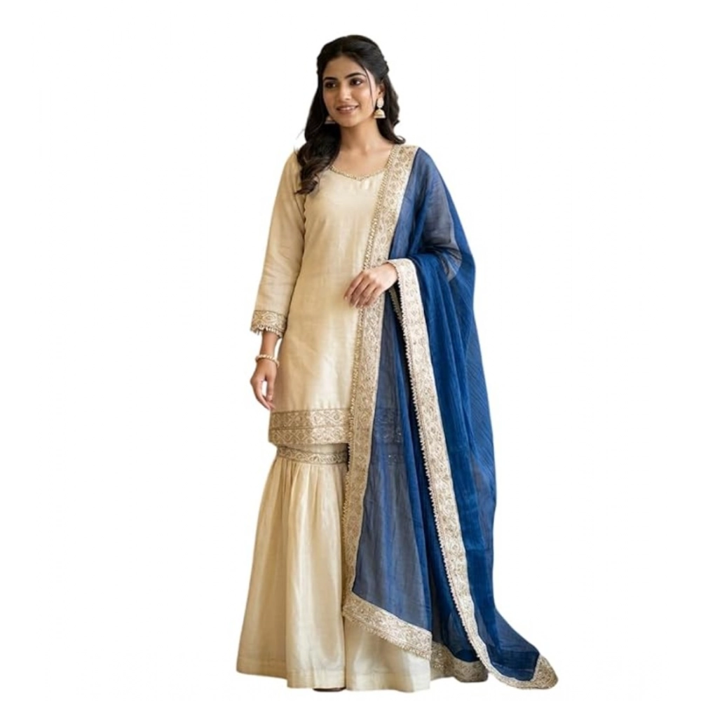 Generic Women's Silk Embroidered 3/4th Sleeve V-Neck Kurti With Sharara Pant and Dupatta Set (Cream & Blue) - Image 4