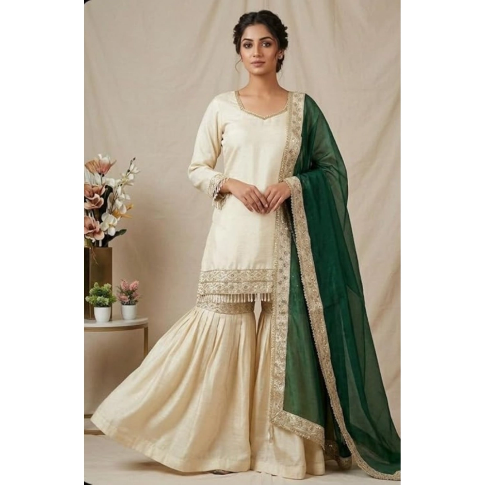 Generic Women's Silk Embroidered 3/4th Sleeve V-Neck Kurti With Sharara Pant and Dupatta Set (Cream & Bottle Green)