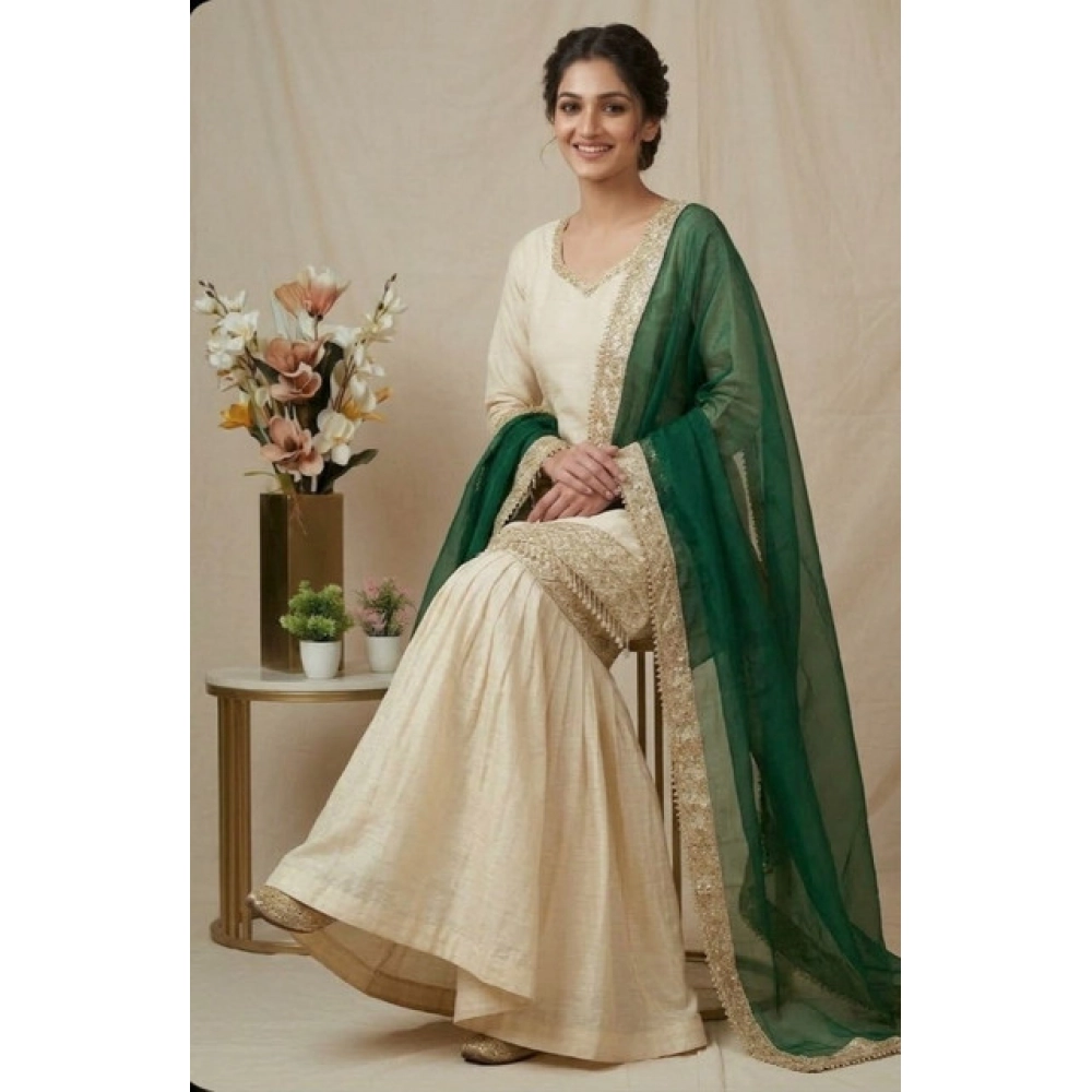 Generic Women's Silk Embroidered 3/4th Sleeve V-Neck Kurti With Sharara Pant and Dupatta Set (Cream & Bottle Green) - Image 5