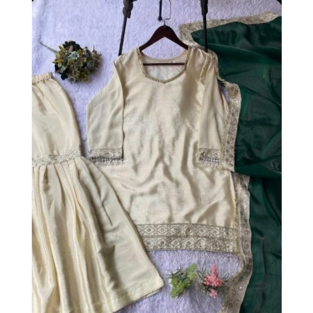 Generic Women's Silk Embroidered 3/4th Sleeve V-Neck Kurti With Sharara Pant and Dupatta Set (Cream & Bottle Green) - Image 3