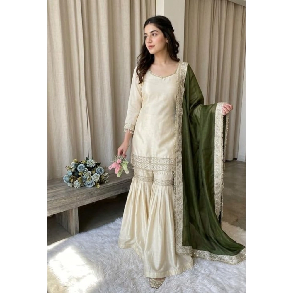 Generic Women's Silk Embroidered 3/4th Sleeve V-Neck Kurti With Sharara Pant and Dupatta Set (Cream & Green)