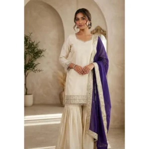 Generic Women's Silk Embroidered 3/4th Sleeve V-Neck Kurti With Sharara Pant and Dupatta Set (Cream & Purple)