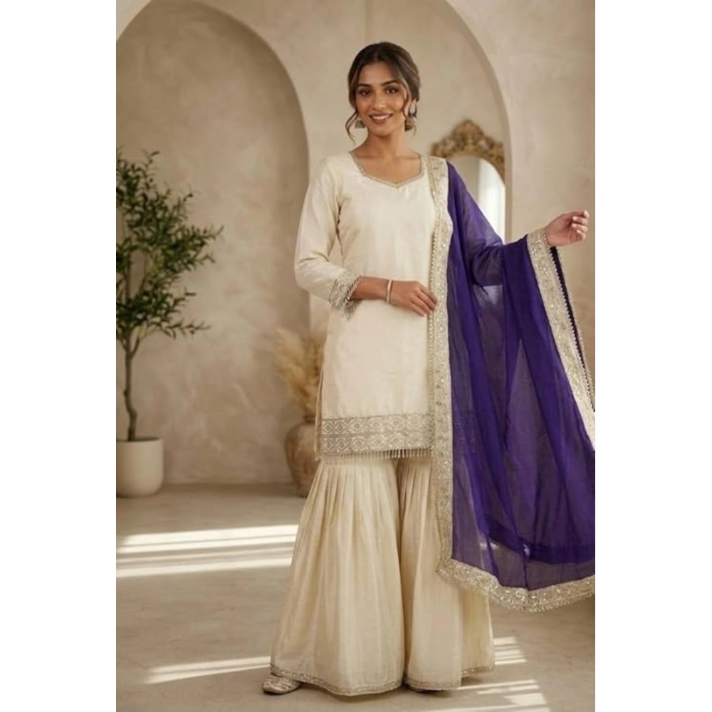 Generic Women's Silk Embroidered 3/4th Sleeve V-Neck Kurti With Sharara Pant and Dupatta Set (Cream & Purple) - Image 6