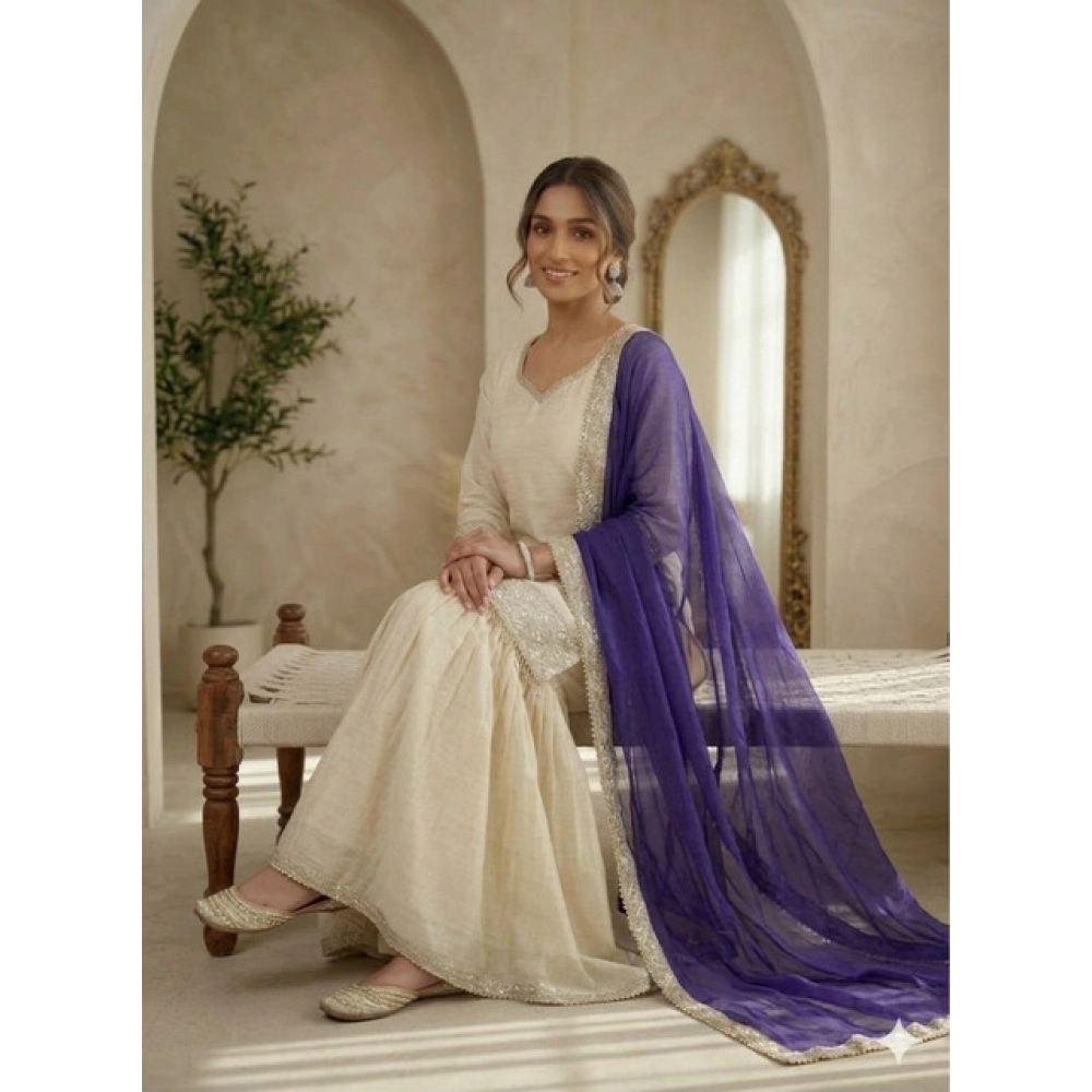 Generic Women's Silk Embroidered 3/4th Sleeve V-Neck Kurti With Sharara Pant and Dupatta Set (Cream & Purple) - Image 5