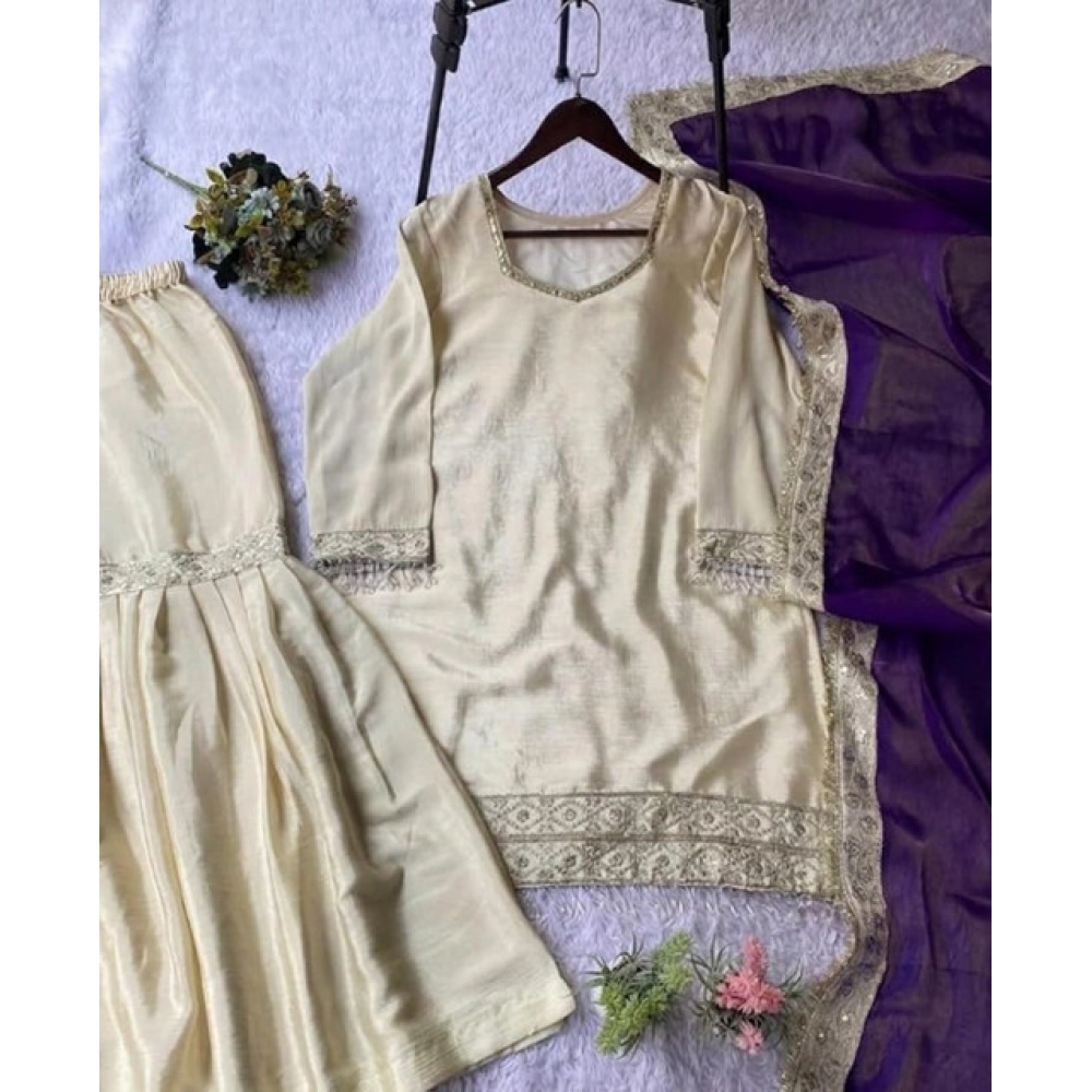 Generic Women's Silk Embroidered 3/4th Sleeve V-Neck Kurti With Sharara Pant and Dupatta Set (Cream & Purple) - Image 3