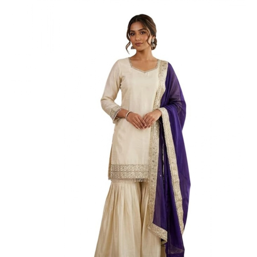 Generic Women's Silk Embroidered 3/4th Sleeve V-Neck Kurti With Sharara Pant and Dupatta Set (Cream & Purple) - Image 4