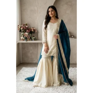 Generic Women's Silk Embroidered 3/4th Sleeve V-Neck Kurti With Sharara Pant and Dupatta Set (Cream & Teal)