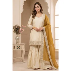Generic Women's Silk Embroidered 3/4th Sleeve V-Neck Kurti With Sharara Pant and Dupatta Set (Cream & Yellow)