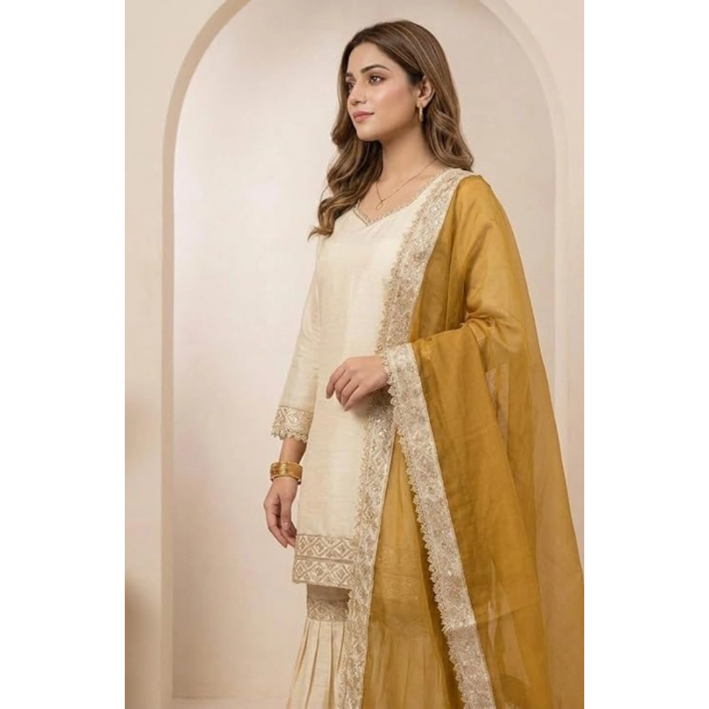 Generic Women's Silk Embroidered 3/4th Sleeve V-Neck Kurti With Sharara Pant and Dupatta Set (Cream & Yellow) - Image 6