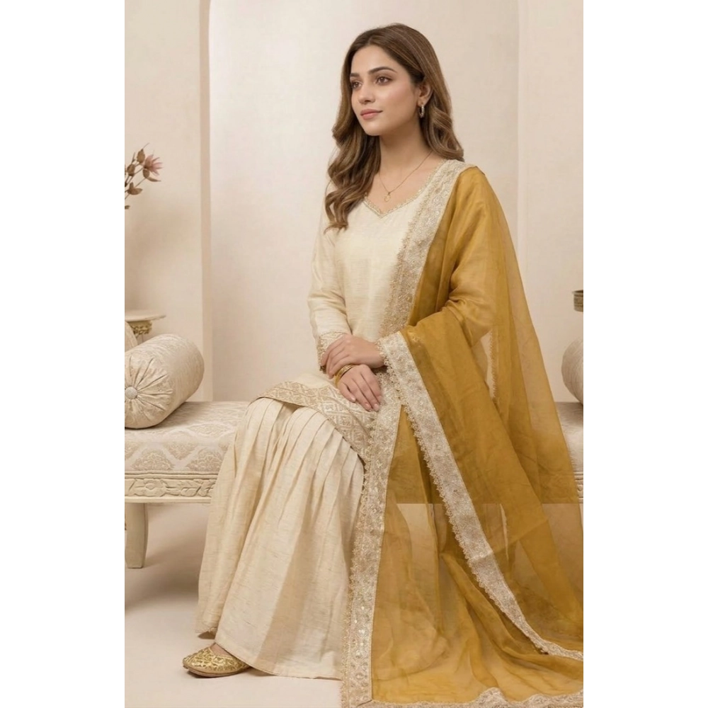 Generic Women's Silk Embroidered 3/4th Sleeve V-Neck Kurti With Sharara Pant and Dupatta Set (Cream & Yellow) - Image 5
