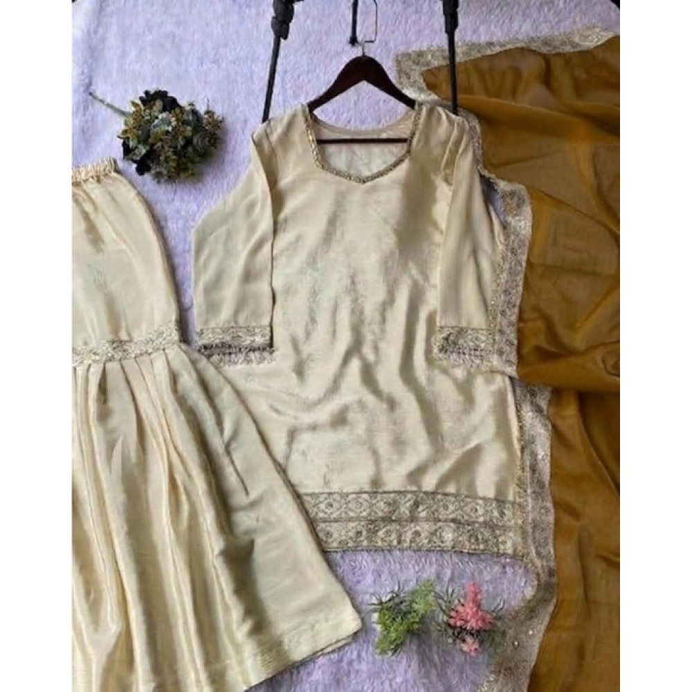 Generic Women's Silk Embroidered 3/4th Sleeve V-Neck Kurti With Sharara Pant and Dupatta Set (Cream & Yellow) - Image 3